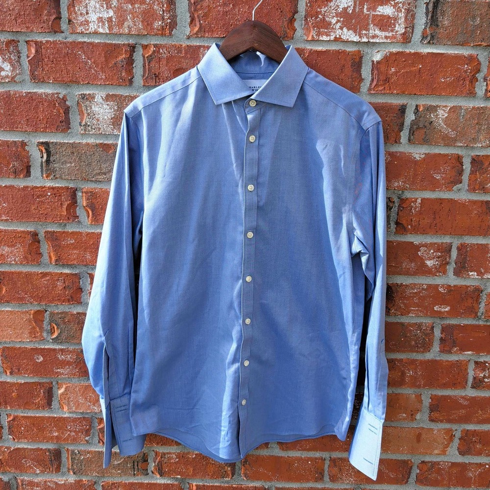 Charles Tyrwhitt Dress Shirt Mens 16/34 Blue Non-Iron Extra Slim Fit French Cuff